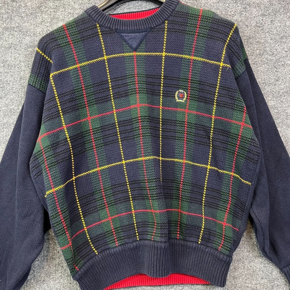 Vintage Tommy Hilfiger Sweater Mens Navy Green Knit Long Sleeve Pullover - Large - Picture 7 of 16